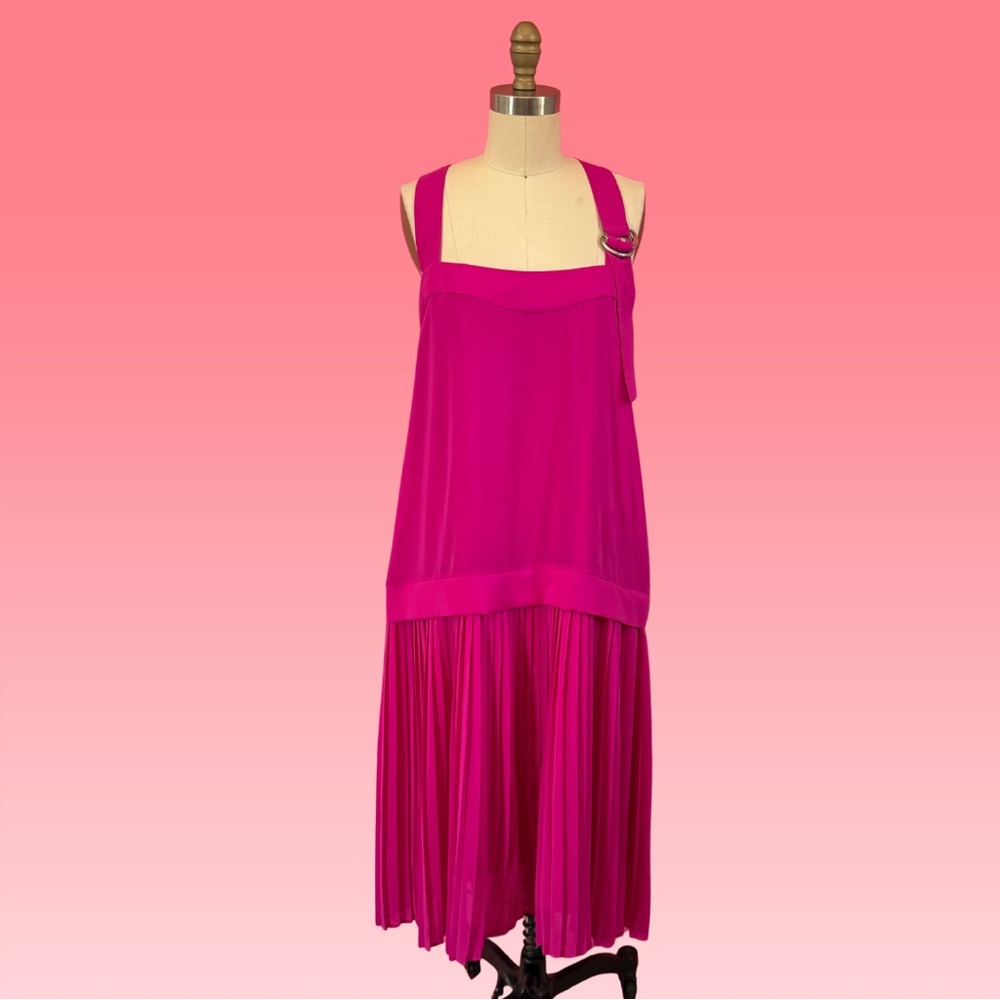 Vintage Kenzo Paris Pleated Flowy Drop Waist Magenta Midi Dress 38